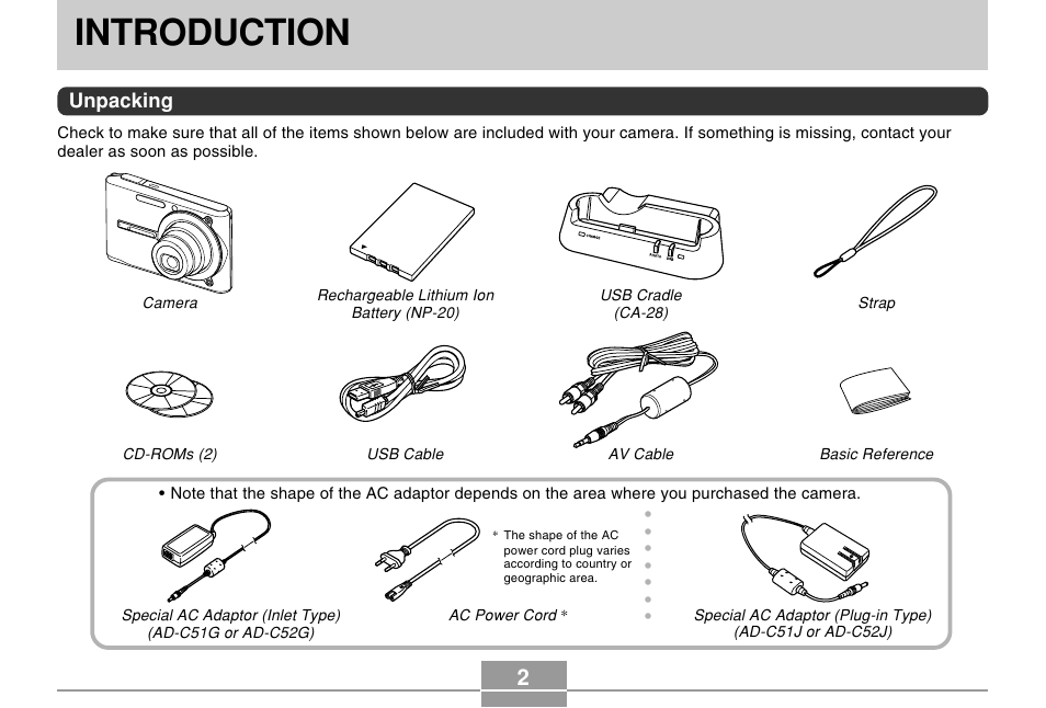 Introduction, Unpacking | Casio EX-S500 User Manual | Page 2 / 235