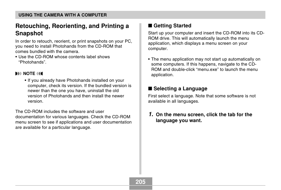 Retouching, reorienting, and printing a snapshot | Casio EX-S500 User Manual | Page 205 / 235