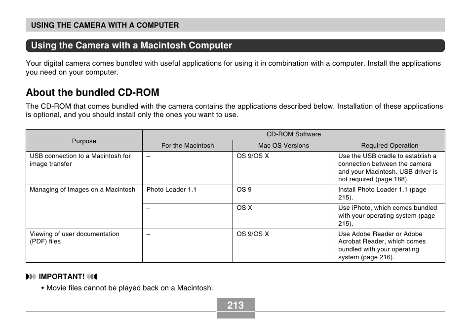 Using the camera with a macintosh computer, About the bundled cd-rom | Casio EX-S500 User Manual | Page 213 / 235