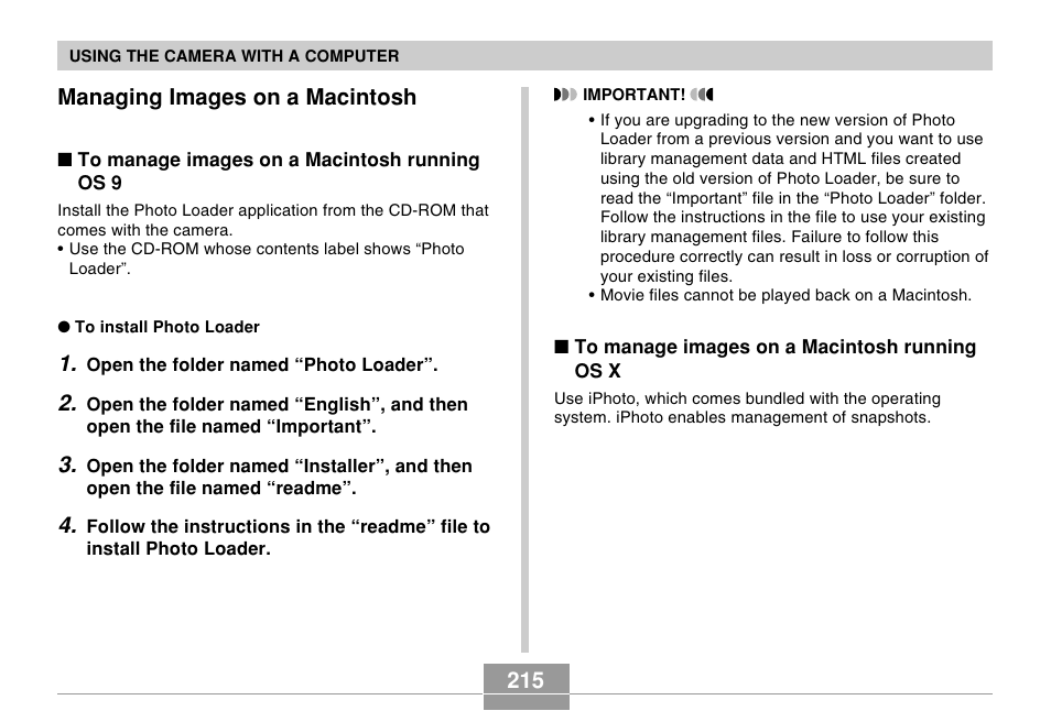 Managing images on a macintosh, 215 managing images on a macintosh | Casio EX-S500 User Manual | Page 215 / 235