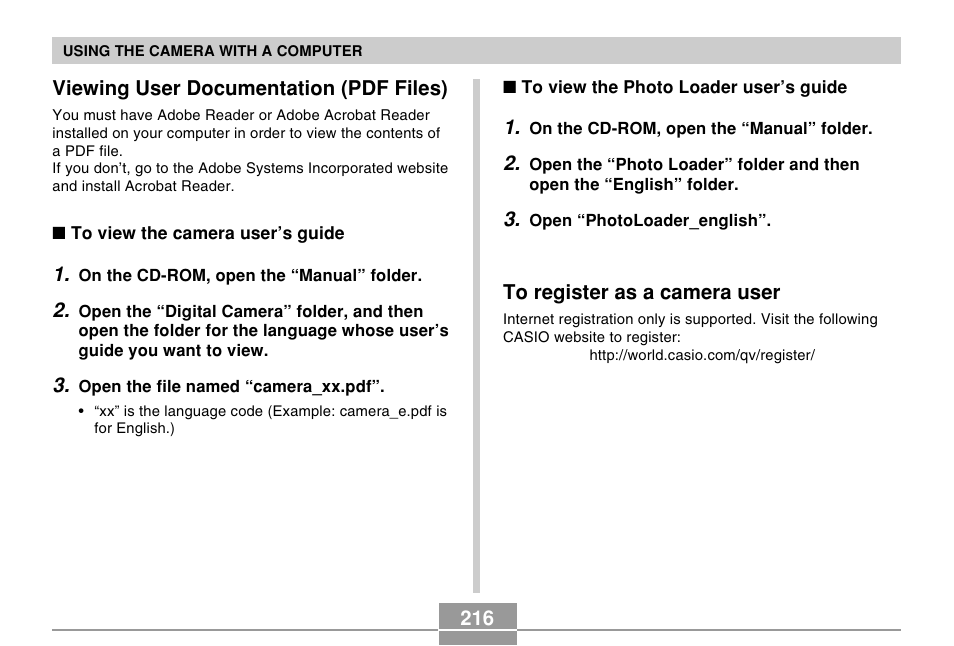 Viewing user documentation (pdf files), To register as a camera user | Casio EX-S500 User Manual | Page 216 / 235