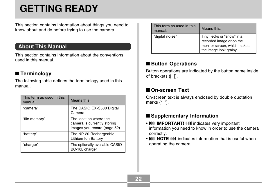 Getting ready, About this manual | Casio EX-S500 User Manual | Page 22 / 235