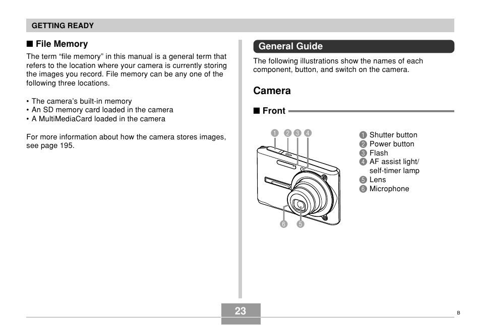 General guide, Camera | Casio EX-S500 User Manual | Page 23 / 235