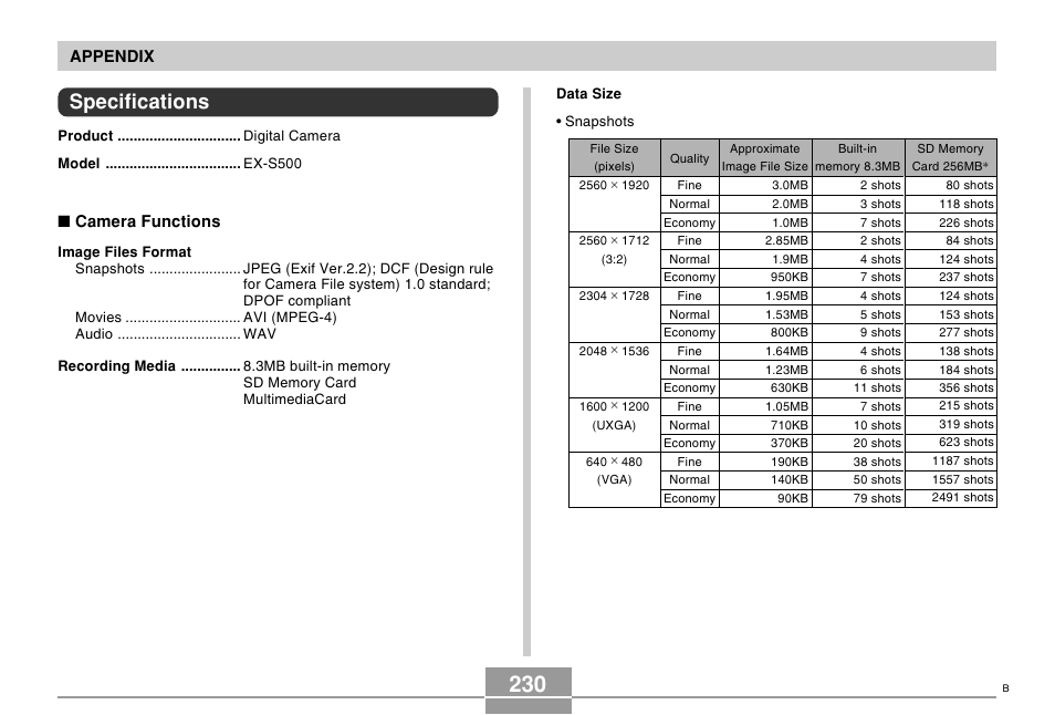 Specifications | Casio EX-S500 User Manual | Page 230 / 235