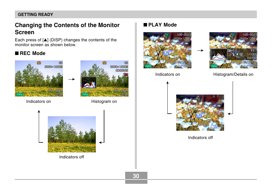 Changing the contents of the monitor screen | Casio EX-S500 User Manual | Page 30 / 235