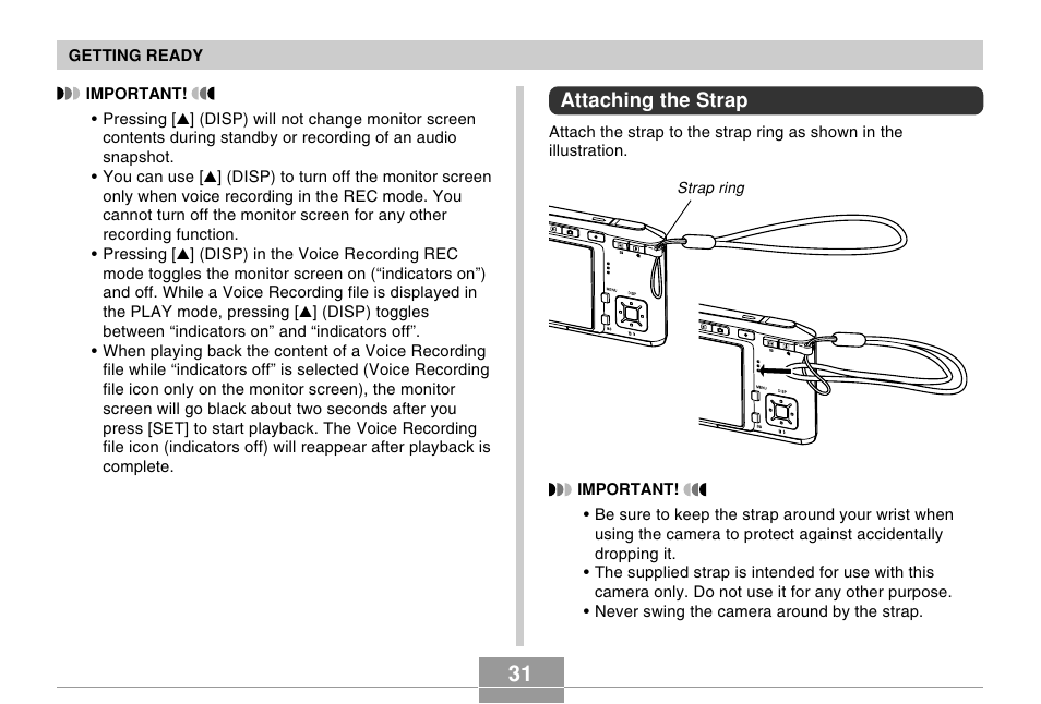 Attaching the strap | Casio EX-S500 User Manual | Page 31 / 235