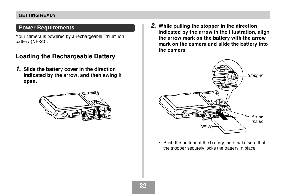 Power requirements, Loading the rechargeable battery, Loading the rechargeable battery 1 | Casio EX-S500 User Manual | Page 32 / 235