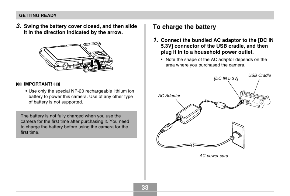 To charge the battery, 33 to charge the battery 1 | Casio EX-S500 User Manual | Page 33 / 235