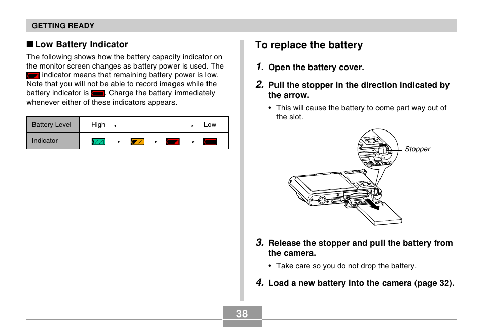 To replace the battery, 38 to replace the battery 1 | Casio EX-S500 User Manual | Page 38 / 235