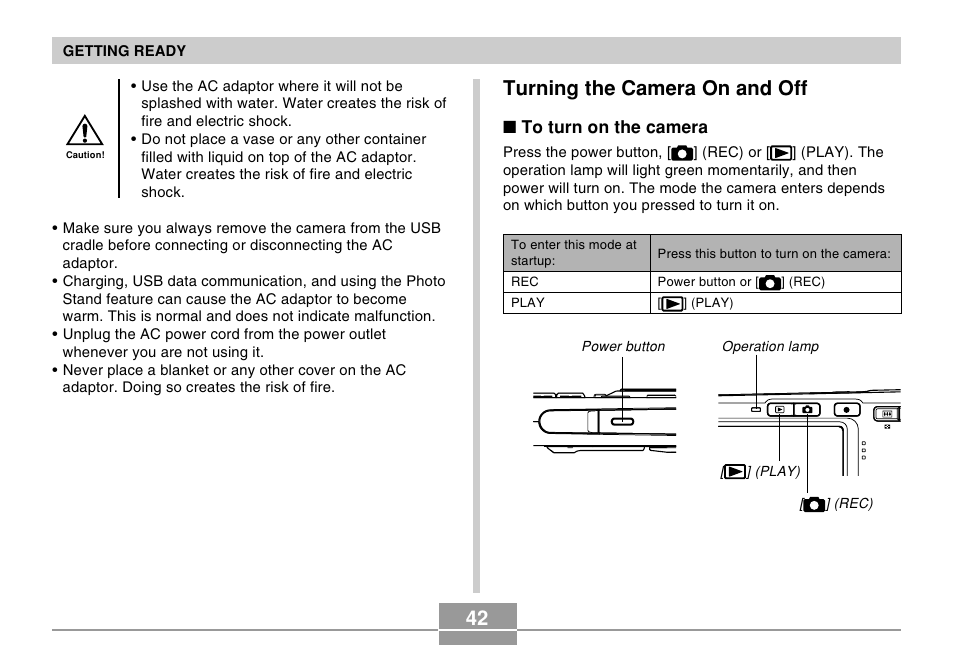 Turning the camera on and off, 42 turning the camera on and off | Casio EX-S500 User Manual | Page 42 / 235