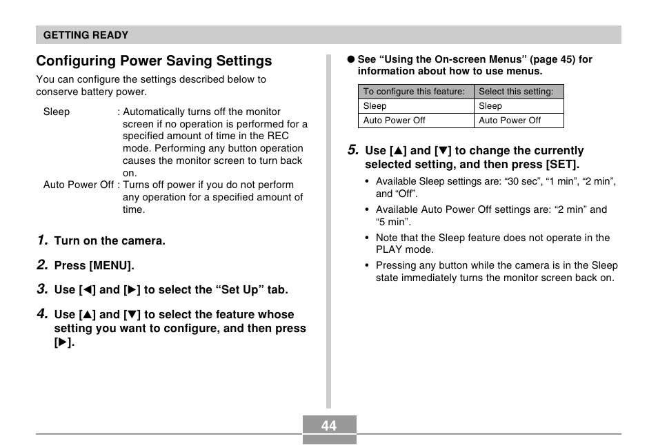 Configuring power saving settings | Casio EX-S500 User Manual | Page 44 / 235