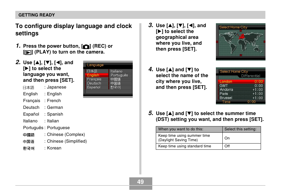 To configure display language and clock settings | Casio EX-S500 User Manual | Page 49 / 235