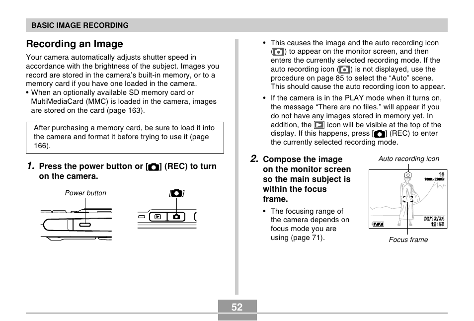 Recording an image, 52 recording an image | Casio EX-S500 User Manual | Page 52 / 235