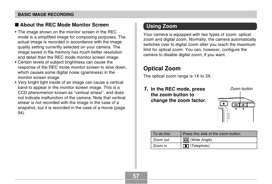 Using zoom, Optical zoom | Casio EX-S500 User Manual | Page 57 / 235