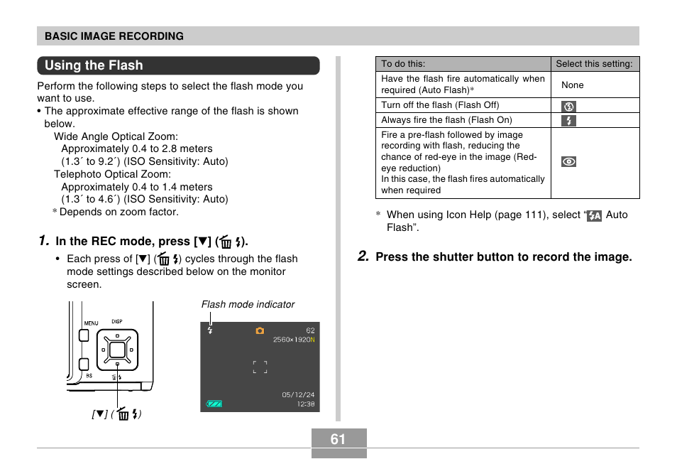 Using the flash | Casio EX-S500 User Manual | Page 61 / 235