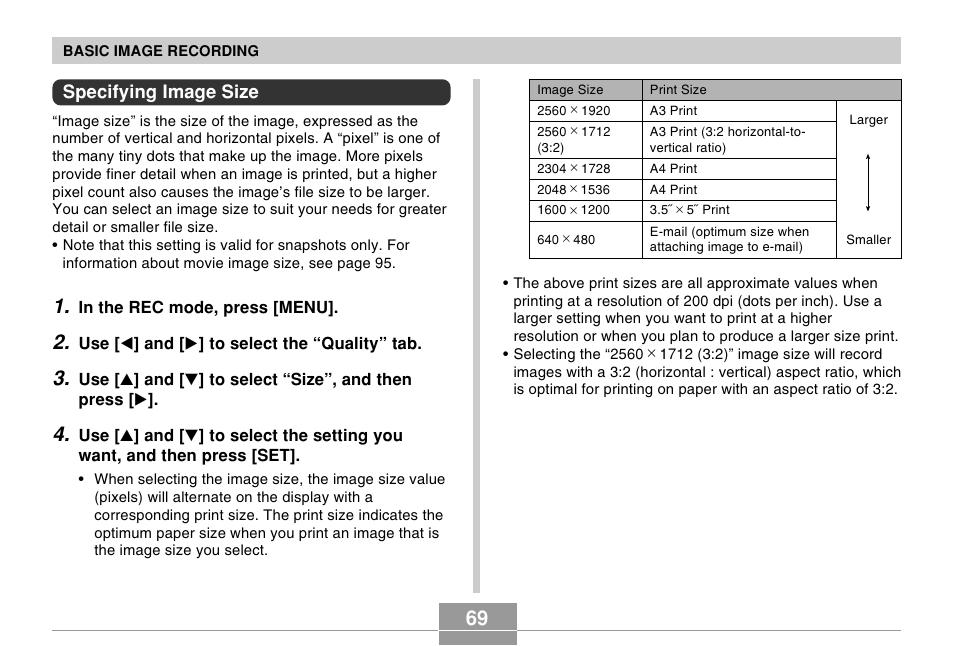 Specifying image size | Casio EX-S500 User Manual | Page 69 / 235