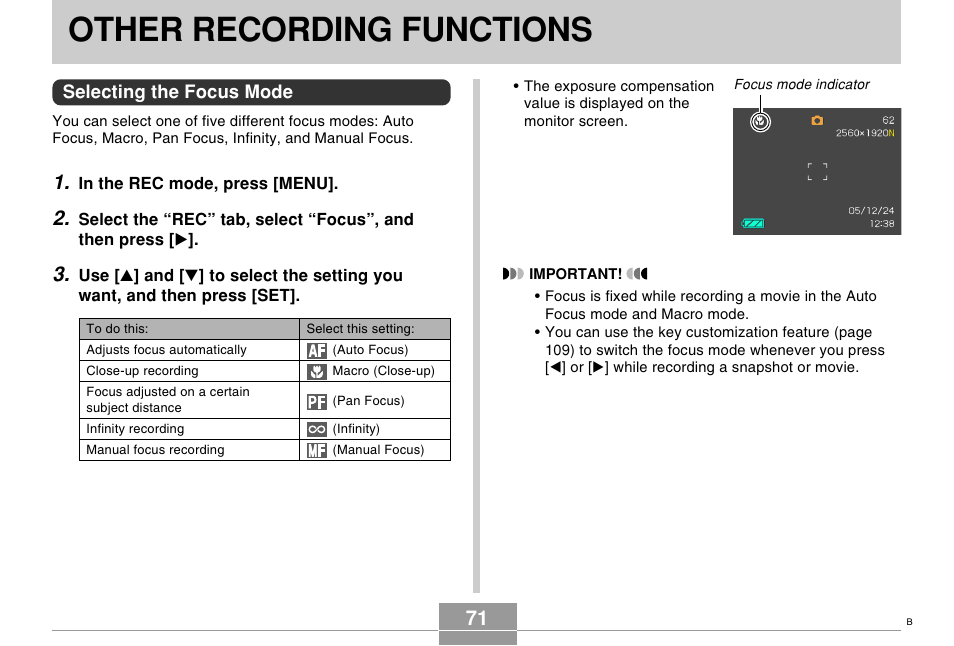 Other recording functions, Selecting the focus mode | Casio EX-S500 User Manual | Page 71 / 235