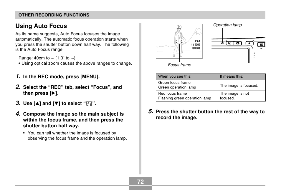 Using auto focus | Casio EX-S500 User Manual | Page 72 / 235