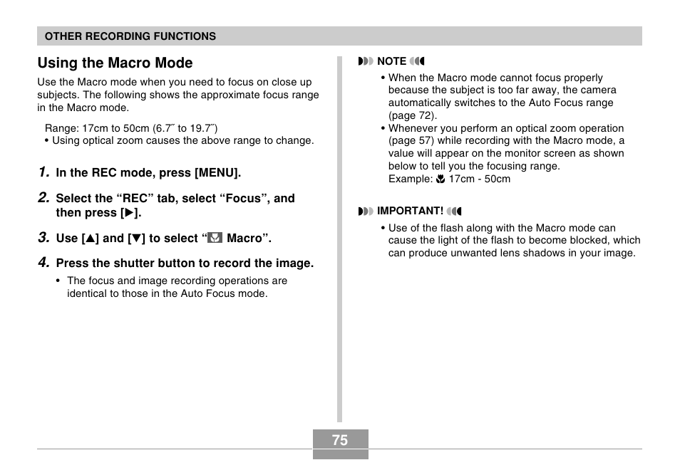 Using the macro mode | Casio EX-S500 User Manual | Page 75 / 235