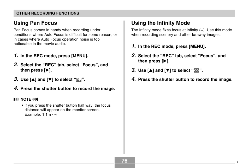 Using pan focus, Using the infinity mode | Casio EX-S500 User Manual | Page 76 / 235