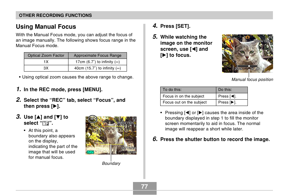 Using manual focus | Casio EX-S500 User Manual | Page 77 / 235