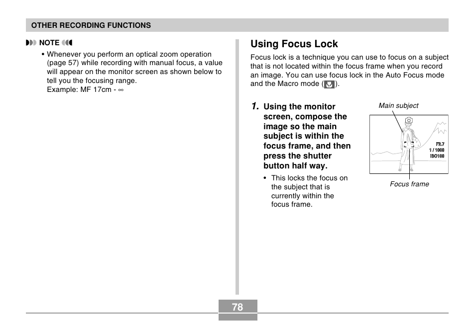 Using focus lock | Casio EX-S500 User Manual | Page 78 / 235