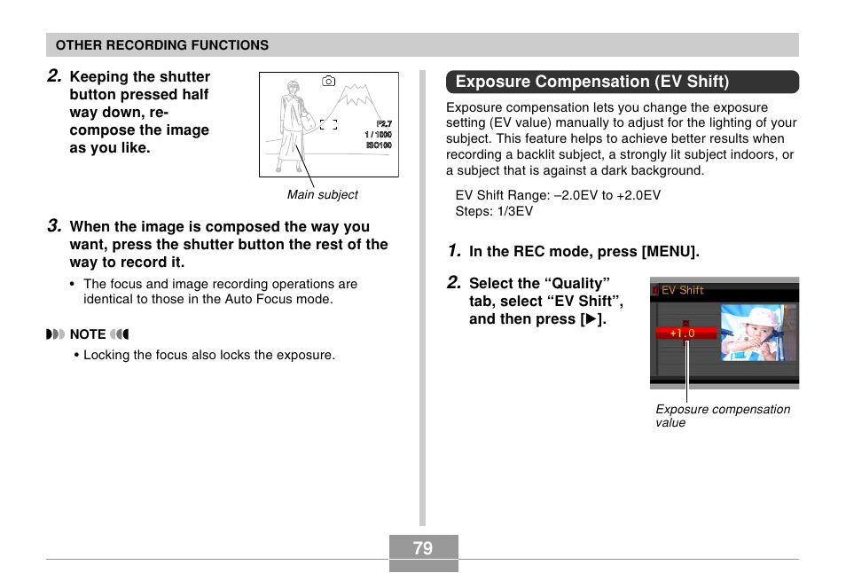 Exposure compensation (ev shift) | Casio EX-S500 User Manual | Page 79 / 235