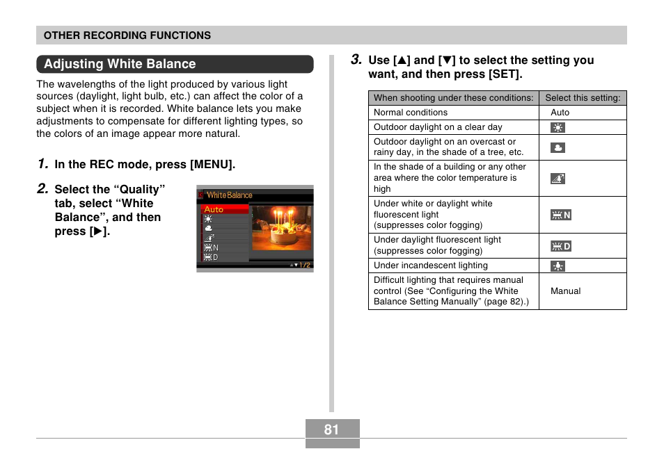 Adjusting white balance | Casio EX-S500 User Manual | Page 81 / 235