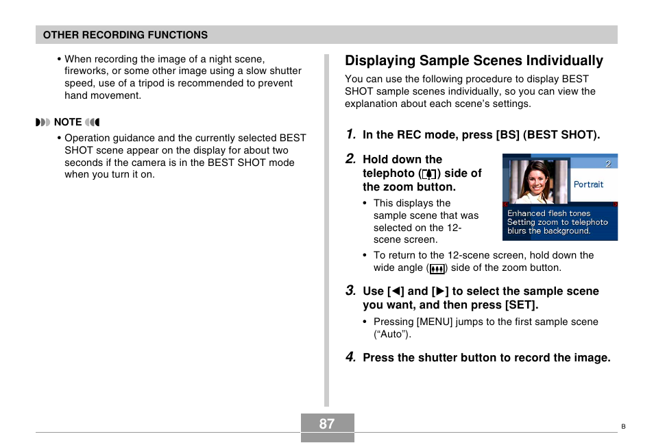 Displaying sample scenes individually | Casio EX-S500 User Manual | Page 87 / 235