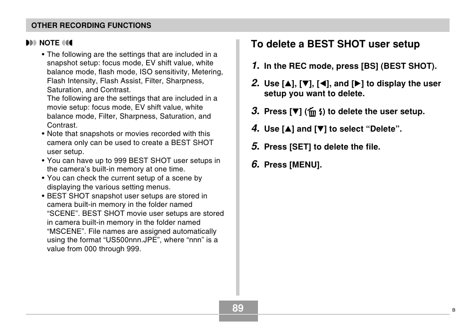 To delete a best shot user setup | Casio EX-S500 User Manual | Page 89 / 235