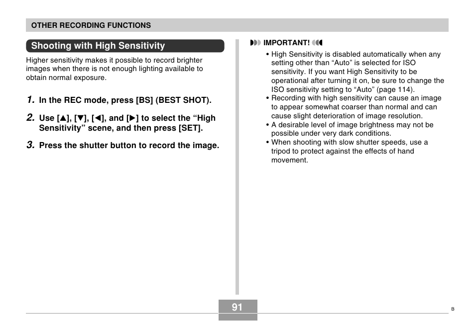 Shooting with high sensitivity | Casio EX-S500 User Manual | Page 91 / 235