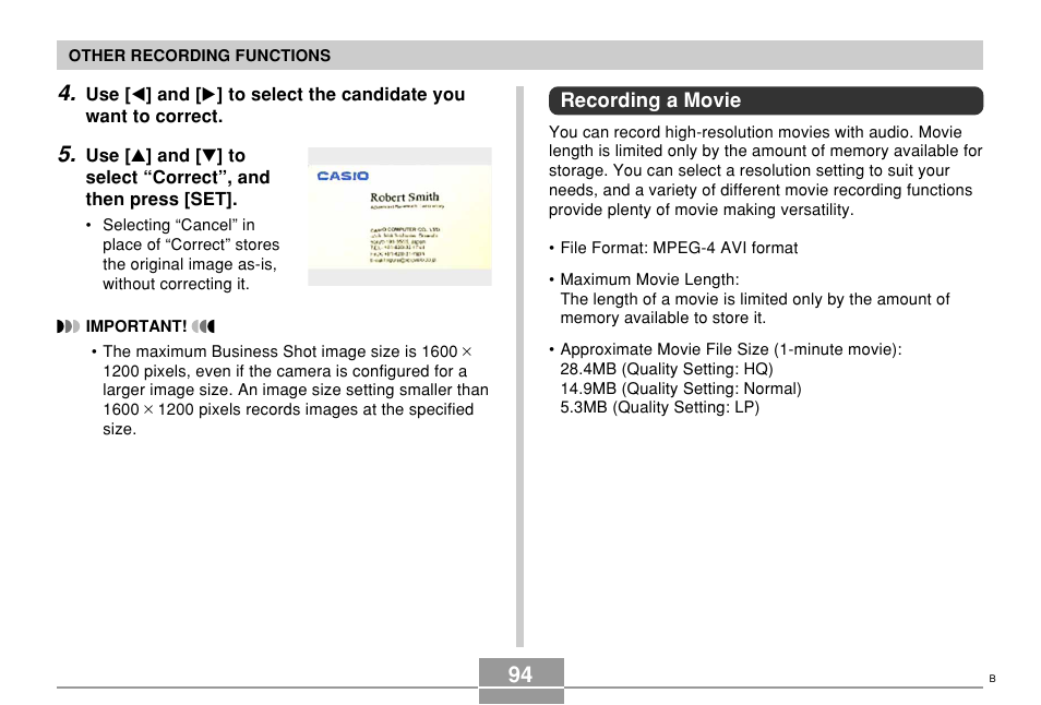 Recording a movie | Casio EX-S500 User Manual | Page 94 / 235