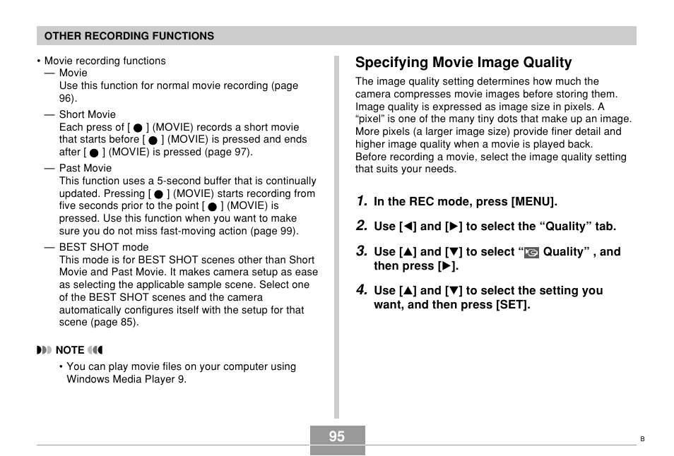 Specifying movie image quality | Casio EX-S500 User Manual | Page 95 / 235