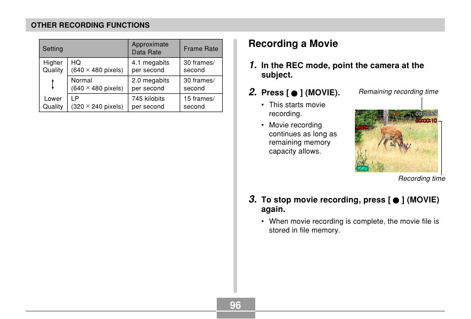 Recording a movie, Recording a movie 1 | Casio EX-S500 User Manual | Page 96 / 235