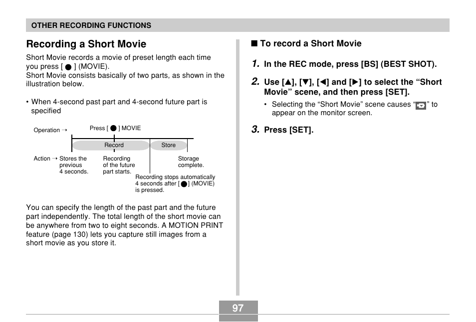 Recording a short movie | Casio EX-S500 User Manual | Page 97 / 235