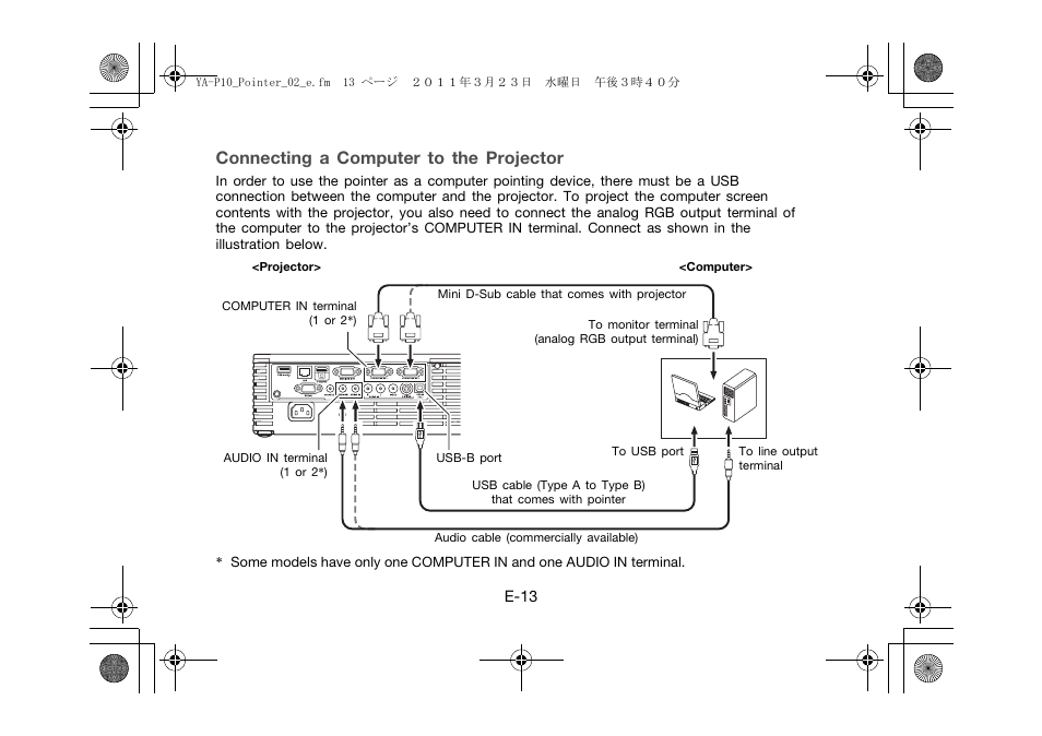 Connecting a computer to the projector | Casio YA-P10 User Manual | Page 14 / 30