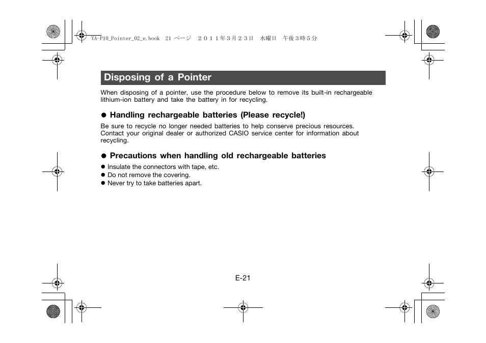 Disposing of a pointer | Casio YA-P10 User Manual | Page 22 / 30