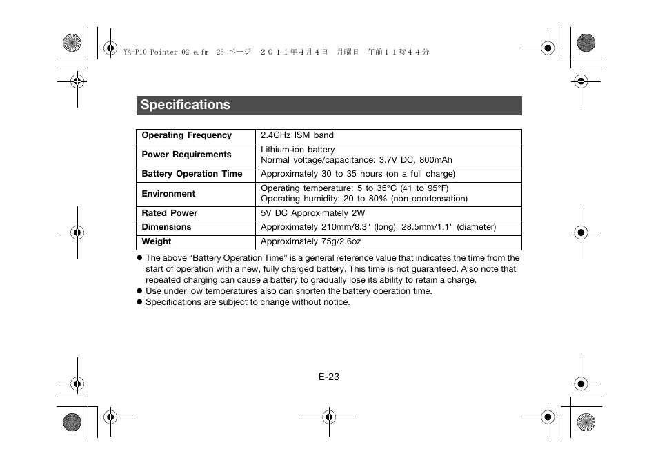 Specifications | Casio YA-P10 User Manual | Page 24 / 30