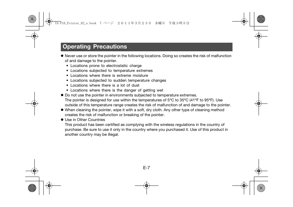 Operating precautions | Casio YA-P10 User Manual | Page 8 / 30