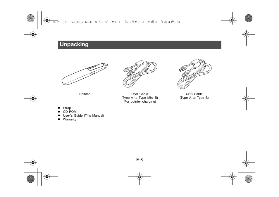 Unpacking | Casio YA-P10 User Manual | Page 9 / 30