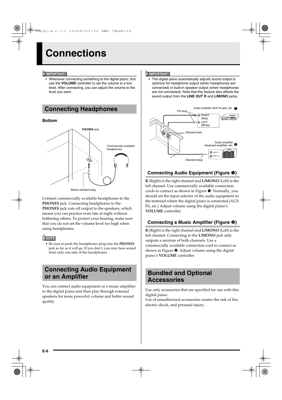 Connections, Bundled and optional accessories | Casio PX-800 User Manual | Page 10 / 53