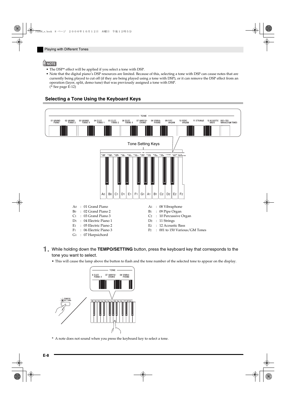 Selecting a tone using the keyboard keys | Casio PX-800 User Manual | Page 12 / 53