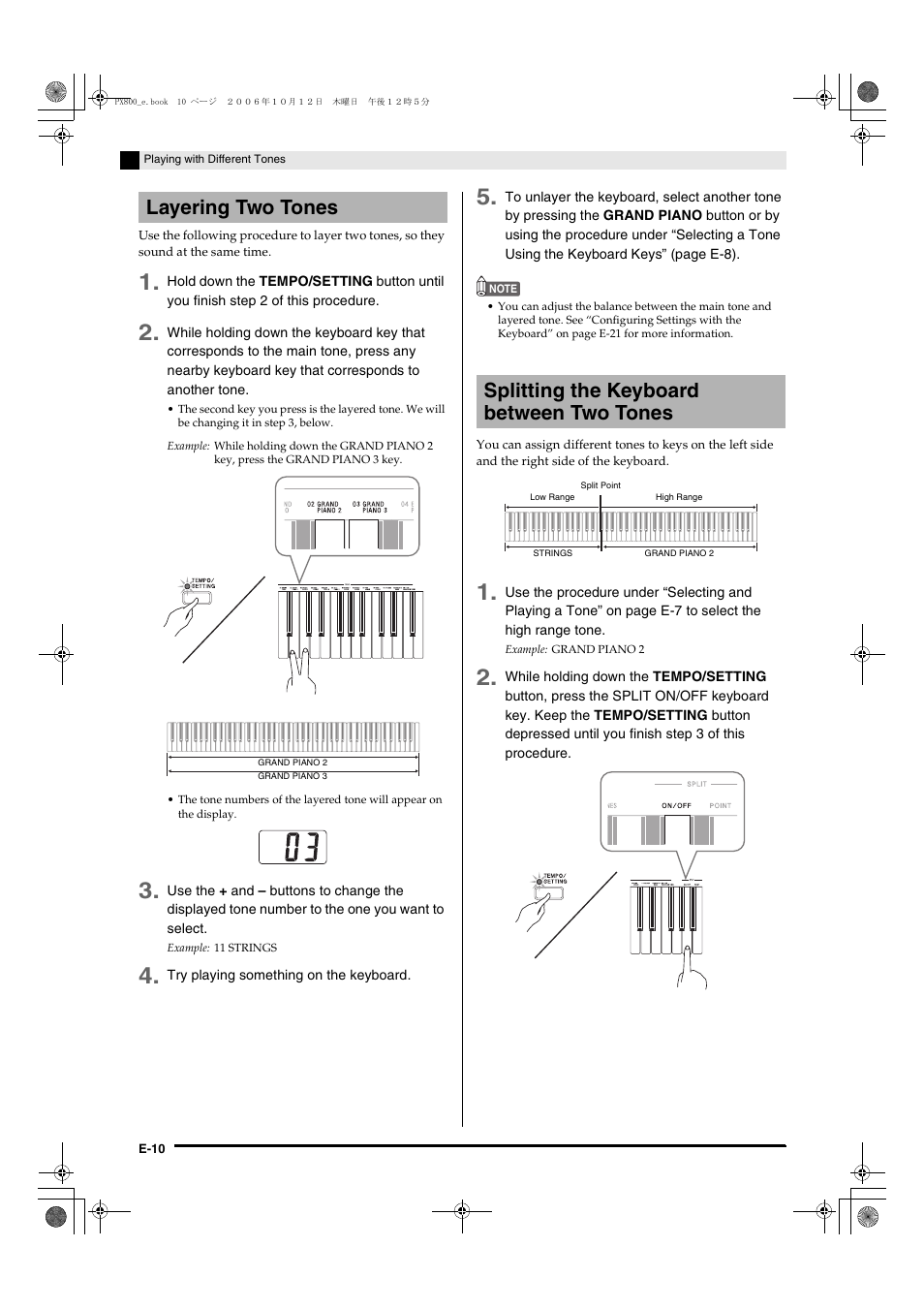 Layering two tones, Splitting the keyboard between two tones | Casio PX-800 User Manual | Page 14 / 53