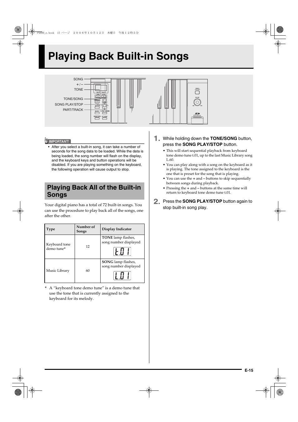 Playing back built-in songs, Playing back all of the built-in songs | Casio PX-800 User Manual | Page 19 / 53