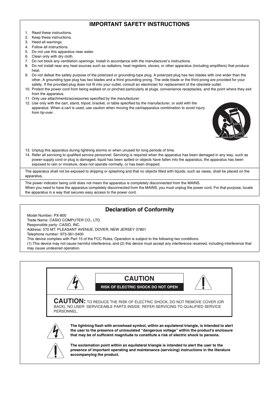Caution, Important safety instructions, Declaration of conformity | Casio PX-800 User Manual | Page 2 / 53