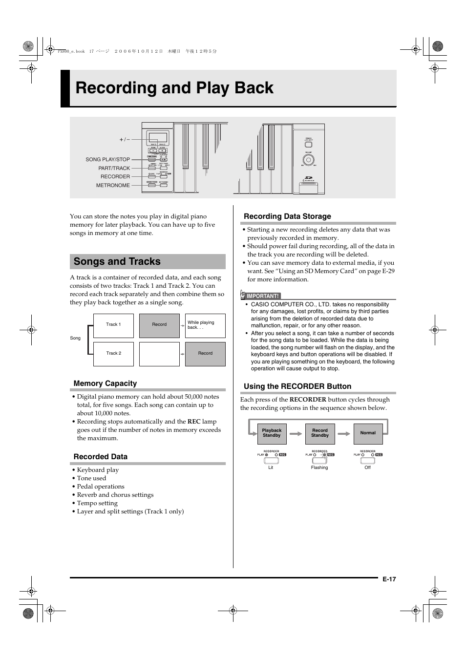 Recording and play back, Songs and tracks | Casio PX-800 User Manual | Page 21 / 53