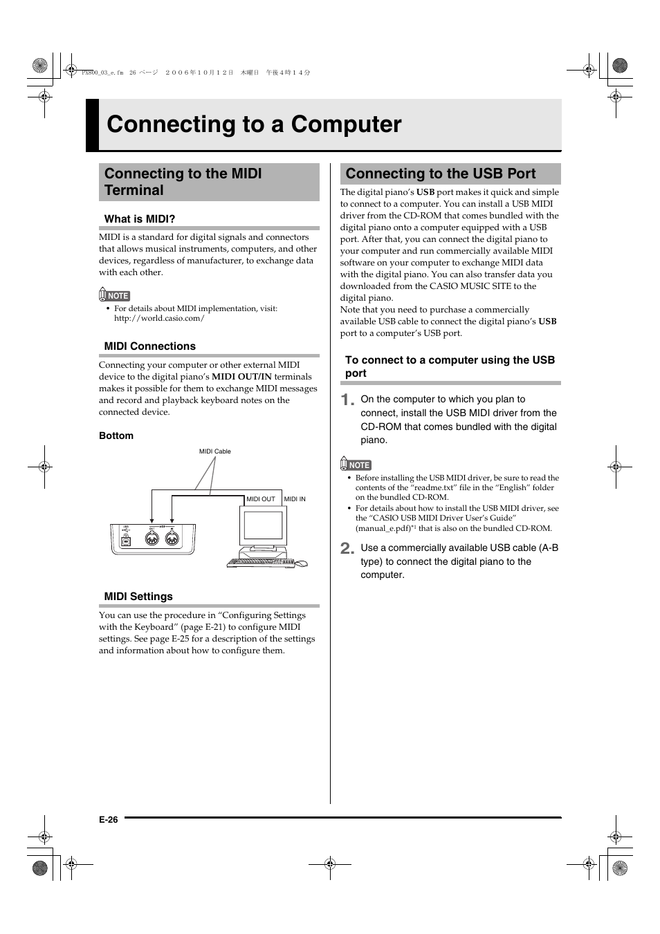 Connecting to a computer, Connecting to the midi terminal, Connecting to the usb port | Casio PX-800 User Manual | Page 30 / 53