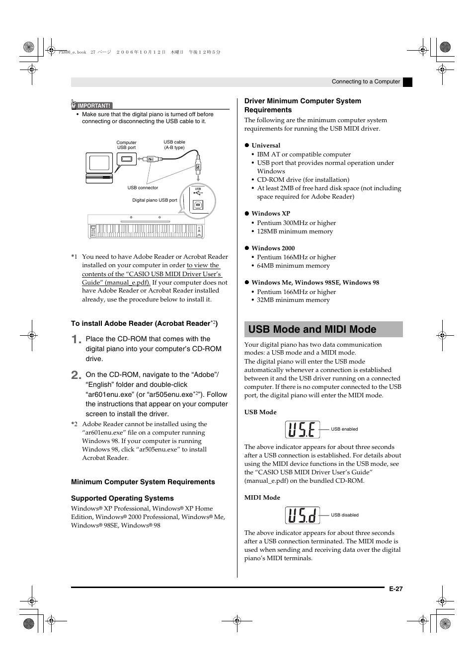 Usb mode and midi mode | Casio PX-800 User Manual | Page 31 / 53