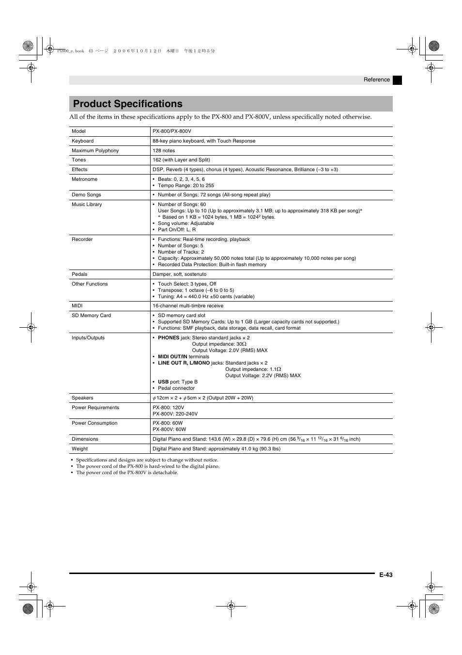 Product specifications | Casio PX-800 User Manual | Page 47 / 53