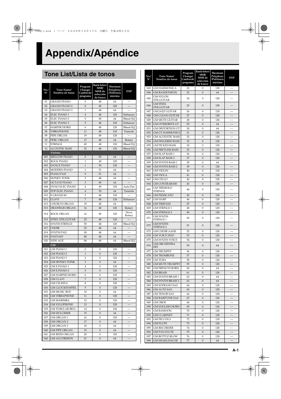 Appendix/apéndice, Tone list/lista de tonos | Casio PX-800 User Manual | Page 49 / 53